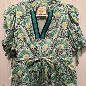 Emily McCarthy Lime Green and Blue Patterned Peplum Blouse